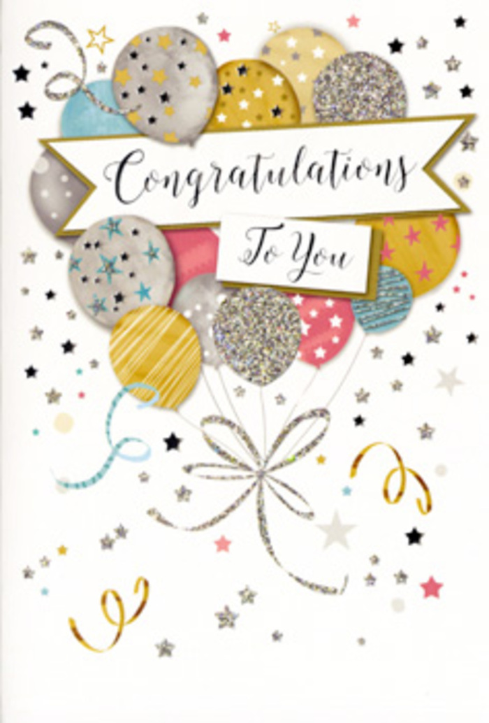 This image shows a beautifully illustrated congratulations card, the sort a thoughtful friend in Limehouse might tuck alongside a bouquet for an important milestone. The card stands against a clean, pale background, allowing its central design-a bouquet of balloons-to become the focal point. The balloons are rendered in a carefully balanced mix of metallic and pastel tones: warm gold, cool silver, soft champagne, airy sky blue, tender blush pink, and calm grey. Each balloon is rounded, with subtle highlights that give the illusion of a gentle glow, like reflections from the water near Limehouse Basin on a bright day. Some balloons are embellished with clusters of tiny stars, others with delicate stripes and scattered glitter-like flecks, hinting at a lightly textured, almost embossed surface. Fine, sweeping strings in shimmering gold and silver trail downward from the cluster, gathering into a loose, decorative knot at the base, much like the ribbons a florist would tie around a hand-tied bouquet ordered for delivery along Commercial Road or near Westferry. Around the balloons, small metallic stars and playful ribbon curls float across the soft background, evoking confetti drifting slowly through the air at a cosy gathering overlooking the Thames. A graceful banner stretches across the centre of the composition, proudly bearing the words Congratulations To You in elegant, flowing script that feels warm and genuine, yet sophisticated. The overall mood is one of gentle celebration and deep appreciation, perfectly suited to honouring exam results, promotions, or special achievements, especially when paired with fresh flowers from Flower Delivery Limehouse for someone in the local area.