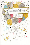 A stylish congratulations card is pictured standing upright, its design capturing the spirit of a small yet meaningful celebration tucked away in Limehouse's riverside streets. Dominating the front is an artful cluster of balloons, layered so they appear to float upwards in a soft, carefree rise, like balloons lifting into the sky above Limehouse Marina. The balloons are coloured in a graceful blend of metallic gold, silver, champagne, cool sky blue, delicate blush pink, and soft grey, each one shaded to create a rounded, gently luminous effect. Some are decorated with fine star patterns, while others feature subtle stripes and glittering dots, giving the impression of textured, shimmering ink you could almost feel under your fingertips. Slim gold and silver strings drift down from the balloons, meeting in a neat, swirling knot that recalls the ribbons a florist might tie around a congratulatory bouquet heading to an address near Narrow Street or along the Thames Path. Scattered across the pale background, tiny stars and curling ribbons float like confetti, enhancing the festive yet refined feel of the design. Through the middle of this joyful composition, a soft banner unfurls with the words Congratulations To You written in graceful calligraphy that carries warmth, sincerity, and a touch of formality. The overall impression is one of understated glamour and heartfelt pride, the kind of card that complements fresh, locally arranged flowers for marking new jobs, promotions, graduations, or any special success within the Limehouse community, without ever feeling overdone or loud.