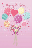 This whimsical birthday image feels like a pastel daydream set over Limehouse's waterways. A smooth pink background, reminiscent of the soft evening glow along the Thames Path, provides a gentle canvas for the main design. Floating at the centre is a playful arrangement of balloons in muted yet cheerful tones-powder pink, sea green, lavender, lemon yellow, and teal. Each balloon has a distinct character: some are wrapped in candy-striped ribbons, others sprinkled with bouncy polka dots, and one stands out as a heart-shaped balloon, radiating a message of love and celebration. Their rounded forms and glossy surfaces give an impression of lightness, as if they might drift off toward Limehouse Basin at any moment. Tethered to this cluster is a compact hand-tied bouquet filled with birthday blooms. Cream and blush roses sit alongside soft anemone-like flowers in gentle mauve, their petals layered and feathery, suggesting real, touchable softness. Small sprigs of greenery weave through the flowers, adding freshness without overwhelming the delicate palette. A violet satin bow binds the stems at the base, its neat loops and subtle sheen hinting at the careful touch of a skilled Limehouse florist. Scattered stars and delicate butterflies dance around the central bouquet, echoing the feeling of confetti swirling through the air after a birthday wish is made. The entire composition is light, airy, and joy-filled-a tender visual meant to accompany a heartfelt birthday message for someone living in or near Limehouse.