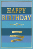 In this photograph, a carefully crafted birthday card stands alone, its cool blues and warm golds working together to create a mood of quiet celebration, much like the stillness of Limehouse's canals at dusk. The surface of the card is wrapped in generous horizontal stripes of blue, stacked from pale and airy near the top to richer, darker tones near the bottom, forming a smooth ombre effect that feels both contemporary and soothing. At the centre, a tall rectangle is framed with a fine gold border, lending a sense of structure and focus. Within this panel, the words HAPPY BIRTHDAY are embossed in tall, metallic gold letters, their clean, simple style making the message stand out clearly against the layered blues. The foil catches the light with a gentle shimmer, suggesting movement without overwhelming the eye. Just below the central greeting, a slender golden flourish runs gracefully from side to side like a decorative underline, bridging the space between the main message and three thin gold banners arranged neatly underneath. Each banner carries a short, warm wish - Relax, Have a great day, and Enjoy! - reading almost like a quiet, spoken encouragement from sender to recipient. The overall texture appears smooth and matte, with the raised gold elements offering subtle relief you could feel with your fingertips. There are no flowers or extra decorations in view, which allows the card's restrained elegance to take centre stage. It's easy to imagine this card propped beside a birthday bouquet from Flower Delivery Limehouse, resting on a coffee table in a dockside apartment or a cosy flat off Commercial Road, adding a polished yet gentle touch to the celebration.