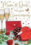 Warm and romantic anniversary card illustration depicting a lovingly arranged scene of champagne, chocolates, and roses, as though carefully set on a table in a Limehouse home after a leisurely stroll by the Thames. Two tall champagne flutes take centre stage, their clear glass catching soft light, each brimming with pale golden champagne where tiny bubbles rise in delicate, shimmering streams. Just in front, a richly coloured red heart-shaped box of chocolates lies open, its lid tipped back to reveal an inviting selection of assorted chocolates. A few pieces rest loosely on the tabletop, suggesting a moment of relaxed, shared indulgence. A sumptuous red satin bow sits proudly across the lid, its loops and tails adding a touch of glamour. To the side, two velvety red roses with deep green leaves rest naturally on the surface, their petals lush and full, evoking the care of an experienced Limehouse florist choosing the finest stems from nearby wholesalers. A bright scarlet envelope, sealed and slightly tilted, adds a personal element, hinting at a handwritten anniversary message for beloved parents, perhaps simply inscribed Mum & Dad. Around this central grouping float tiny golden and crimson hearts, scattered across a softly glowing background that feels like candlelight reflecting off Limehouse's historic brick buildings. The composition radiates gentle celebration and intimacy, capturing that quiet, treasured moment just before glasses meet, chocolates are shared, and warm words of gratitude and love are spoken on an anniversary evening in Limehouse.